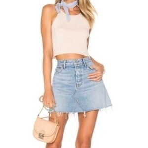 GRLFRND - Size: 32 The Eva Light Wash Distressed Raw Hem Denim Skirt (NWT)